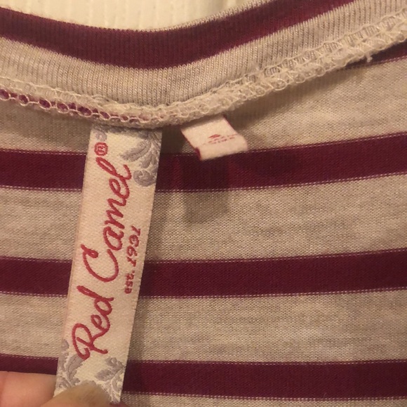 Red Camel - Small Stripe Dress -Burgundy/Gray with Gray Lace Hem. - Picture 4 of 9